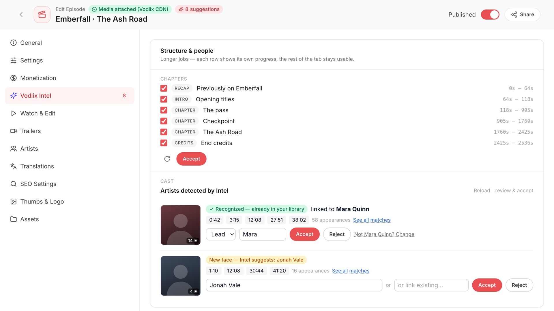Vodlix Intel listing detected recap, intro, chapter and credits timestamps, and recognised cast members