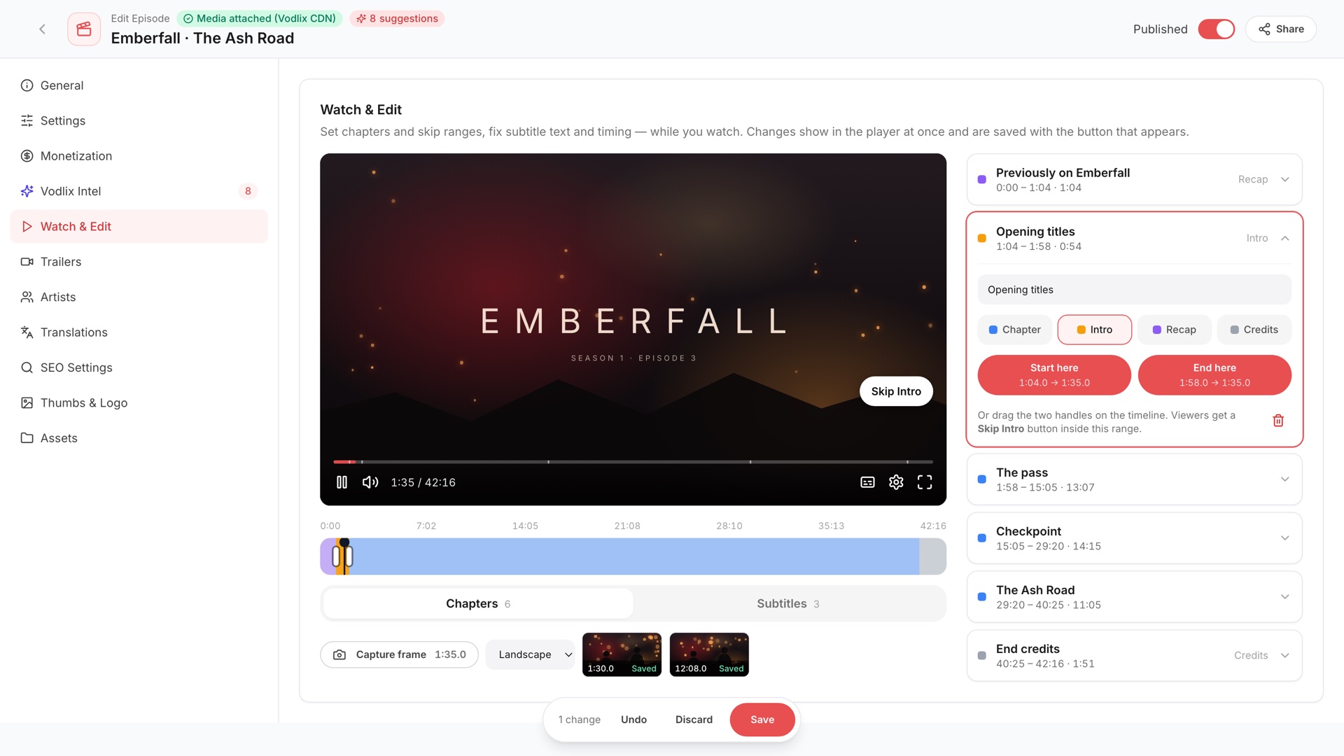 Watch and Edit screen with the intro selected on the timeline and a Skip Intro button on the player