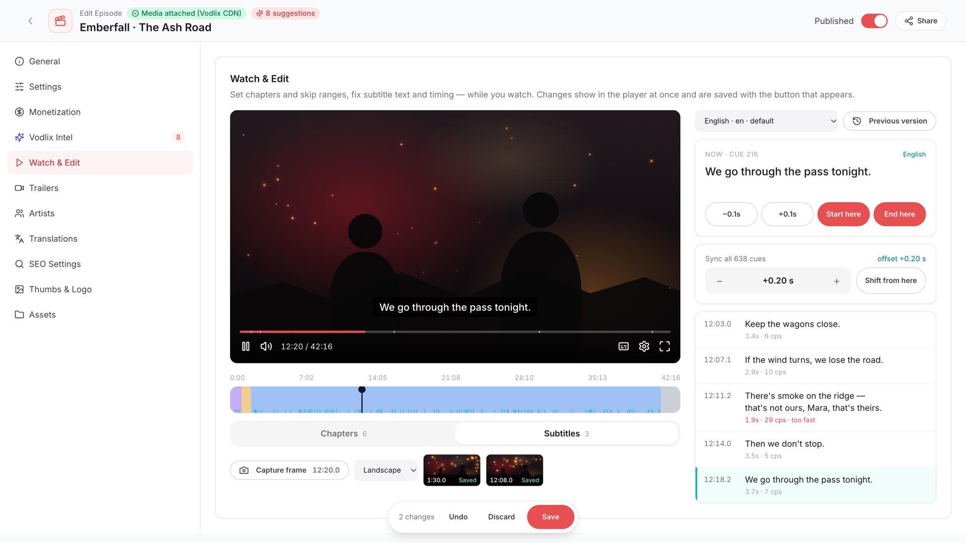 Watch and Edit subtitle editor showing the current caption on the player and the cue list with a line flagged as too fast
