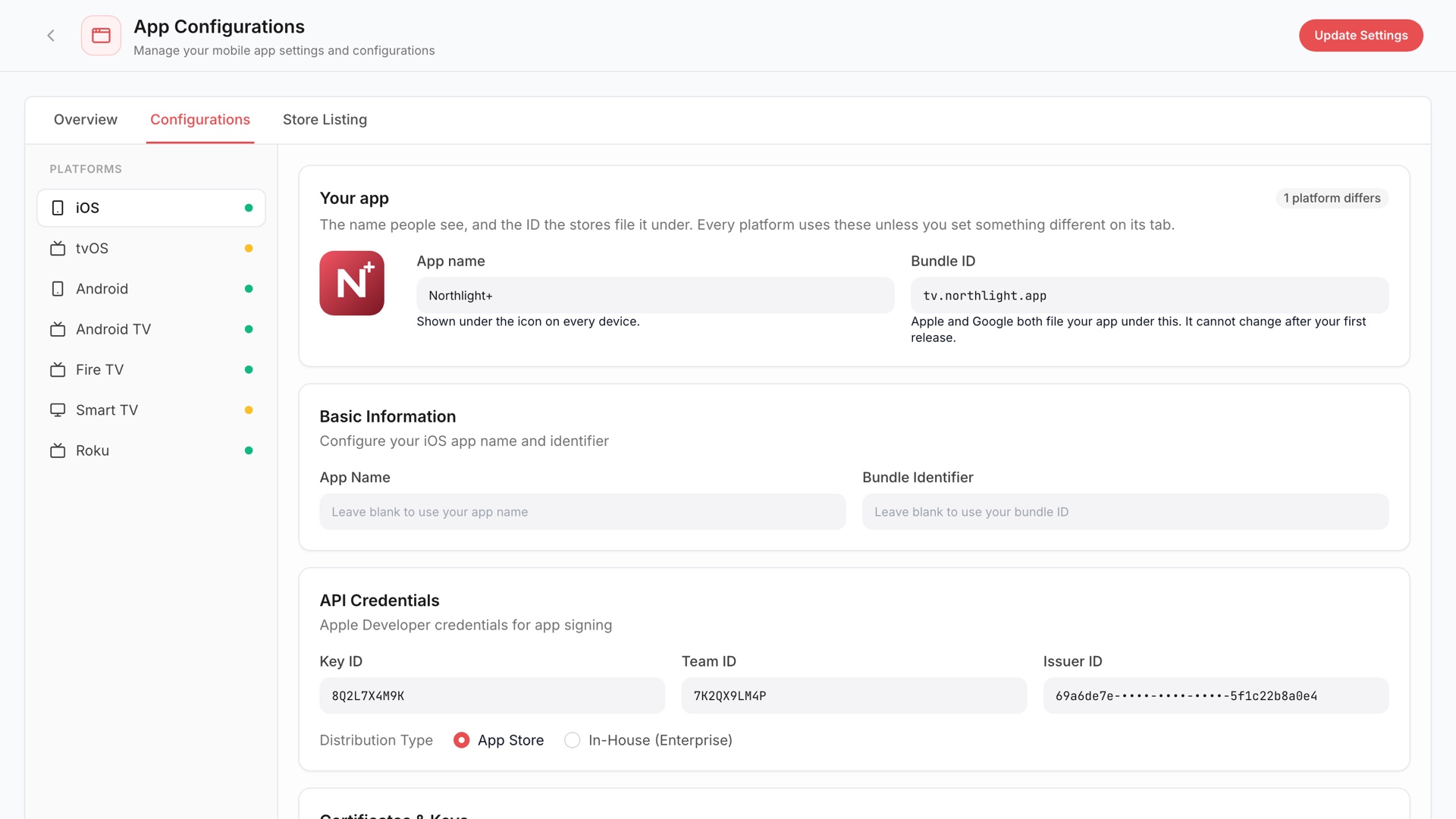 App Configurations with store credentials and a list of platforms including iOS, tvOS, Android, Android TV, Fire TV, Smart TV and Roku