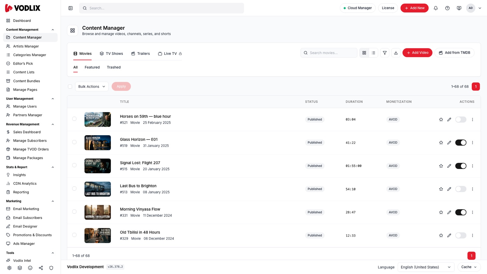 Content Manager listing movies with status, duration and monetization