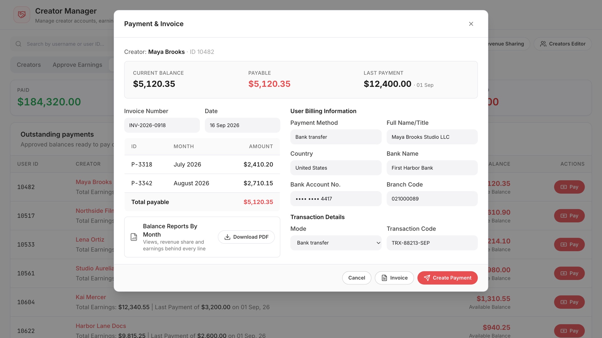 Payment and invoice window showing the payable balance, the months being paid, bank details and a Create Payment button