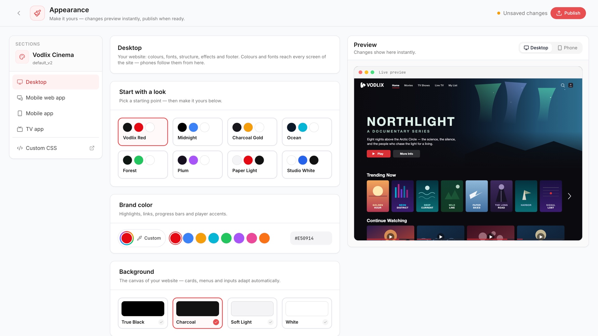 Appearance customizer with colour presets, brand colour and background choices beside a live preview of the storefront