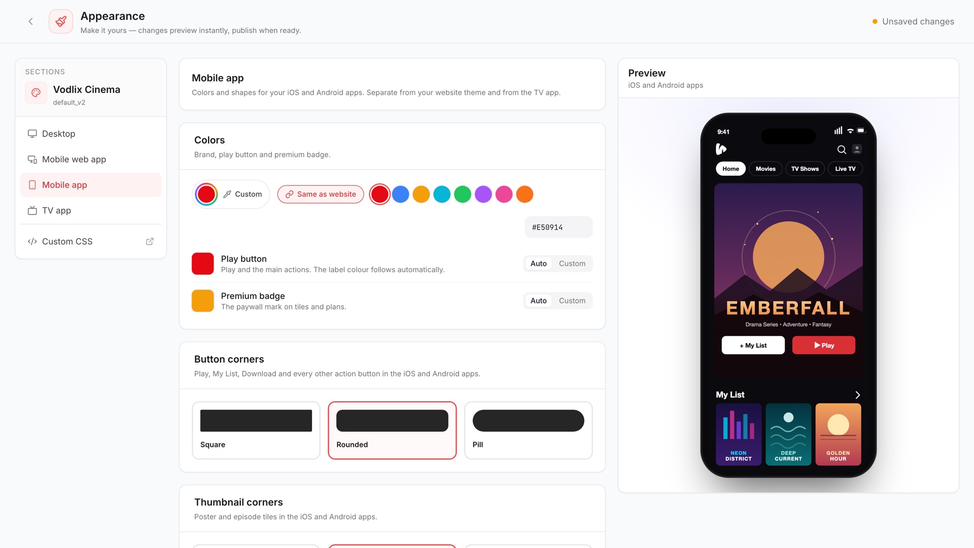 Mobile app customizer with brand colour, button and corner options beside a phone preview