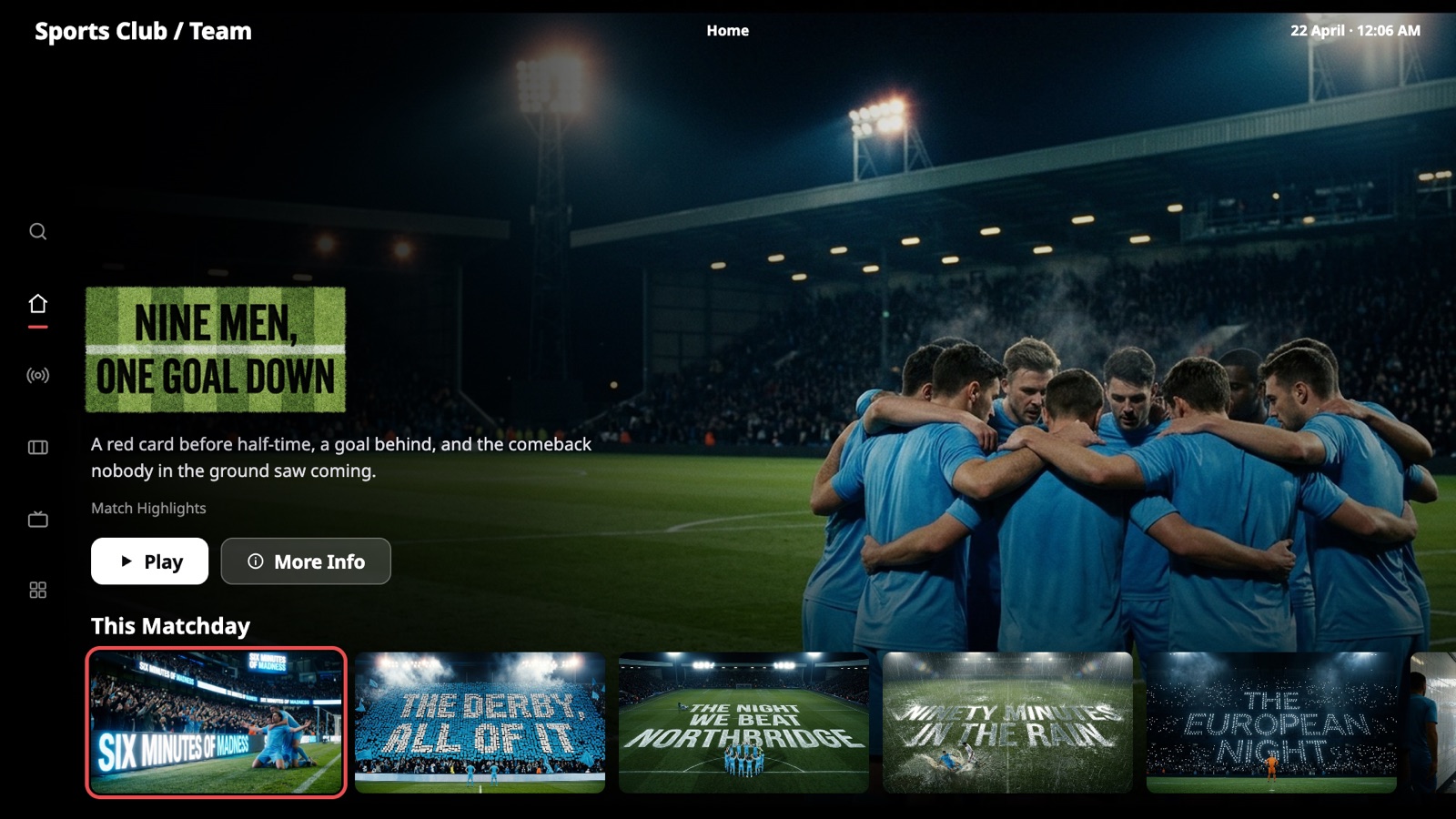 TV app home screen for a football club, with match highlights