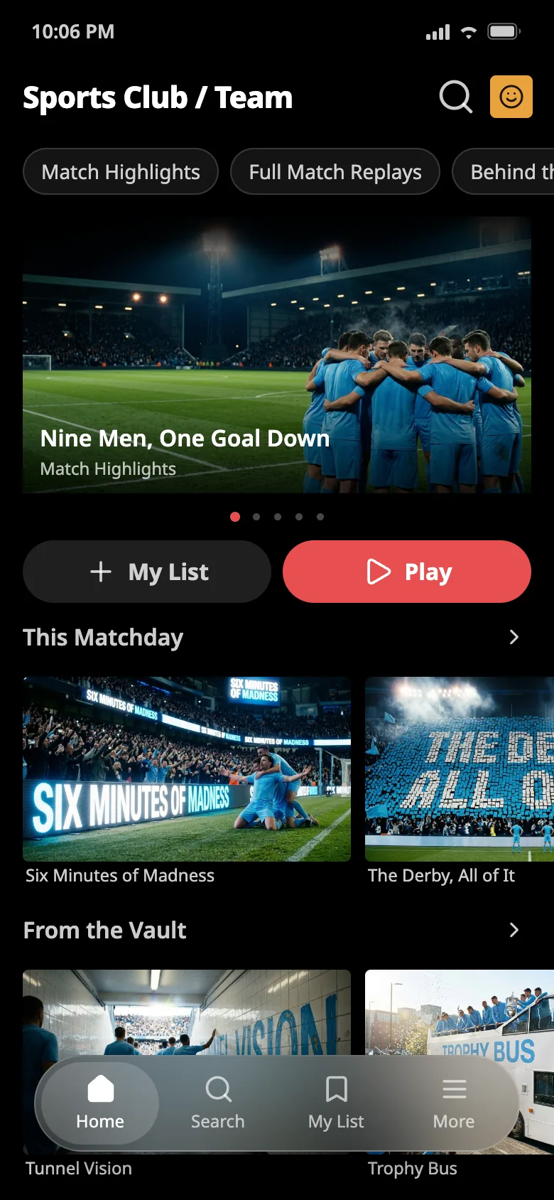 Sports club app home