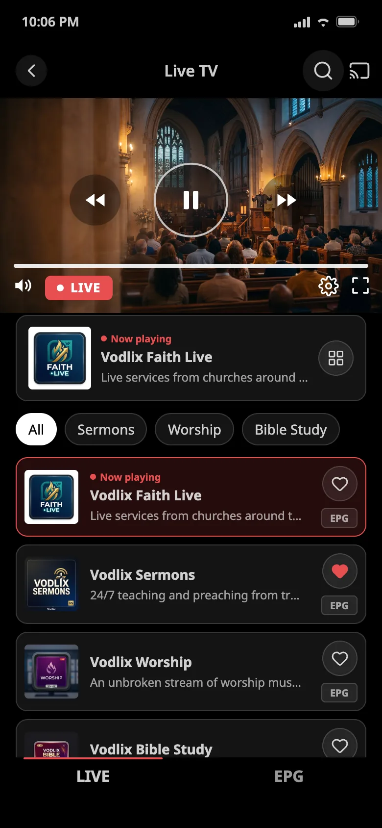 Church app live TV with live services and the channel list