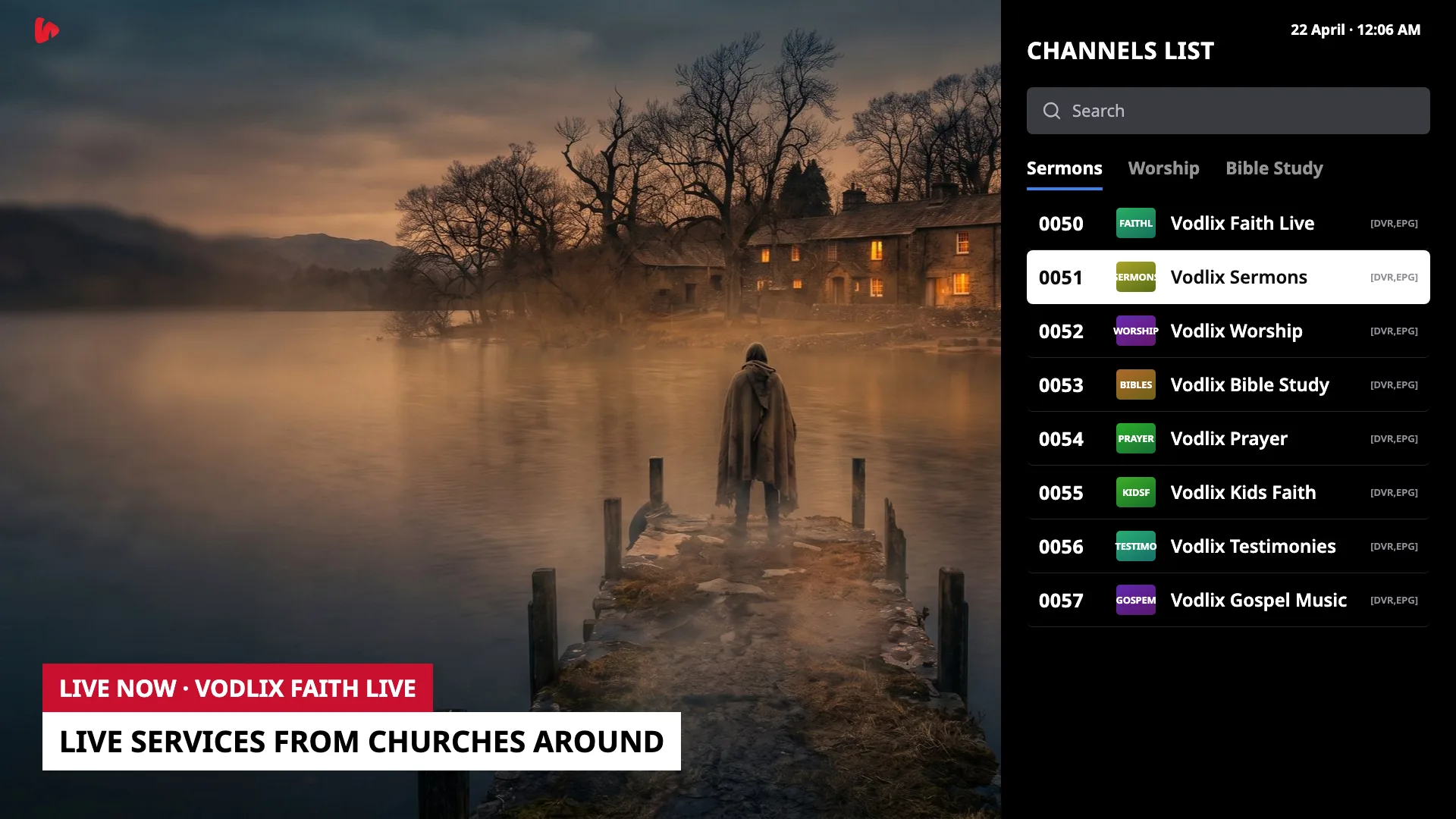 TV app channel row for a church with live service channels
