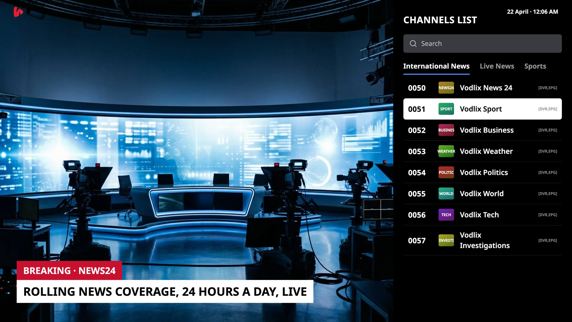TV app live channel list beside a playing news channel