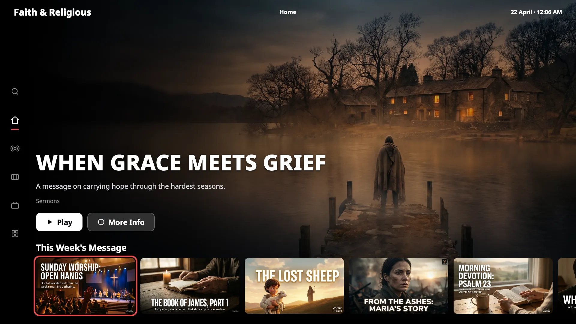 TV app home screen for a church, with this week's message and sermons