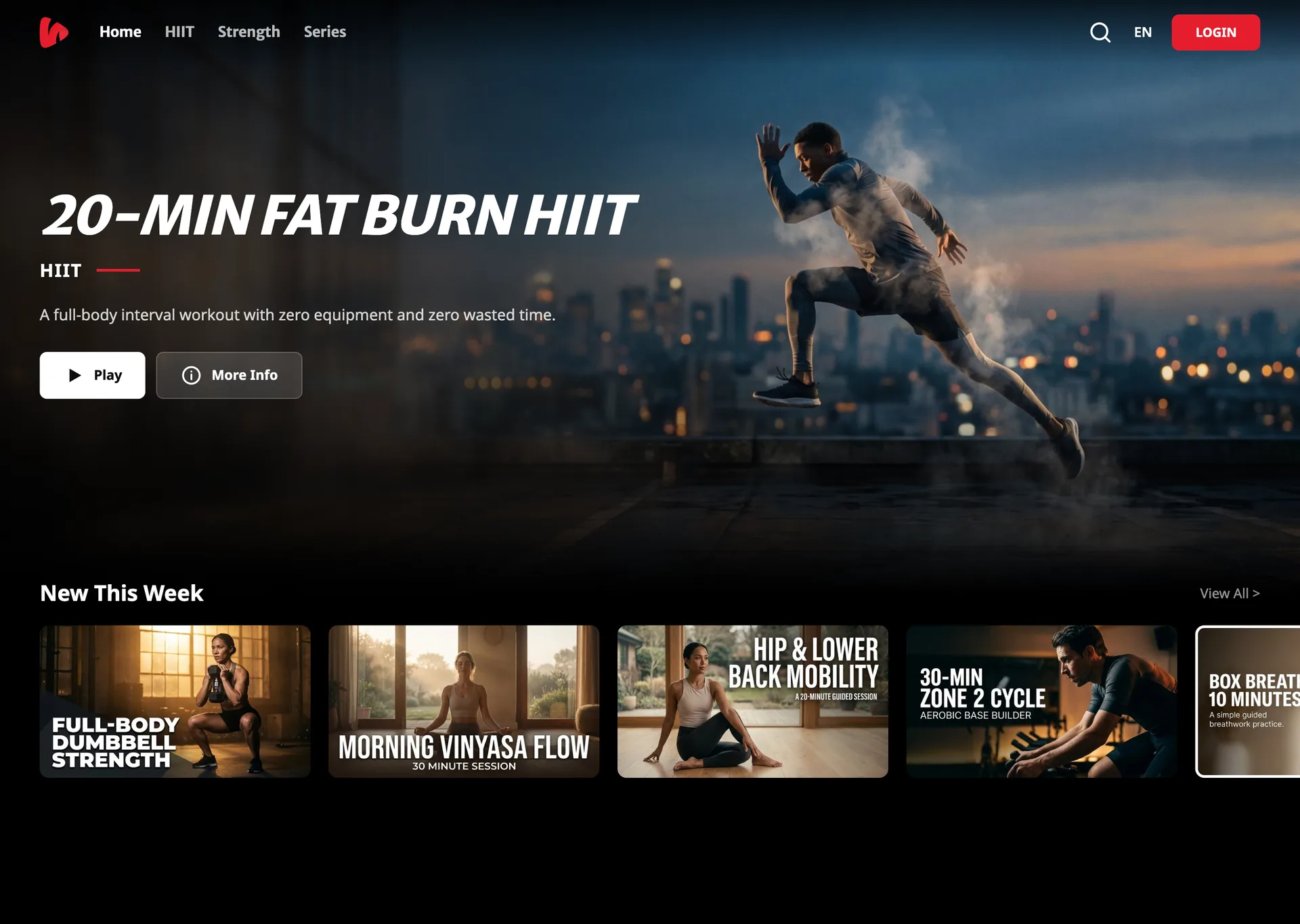 Streaming website home page for a fitness brand