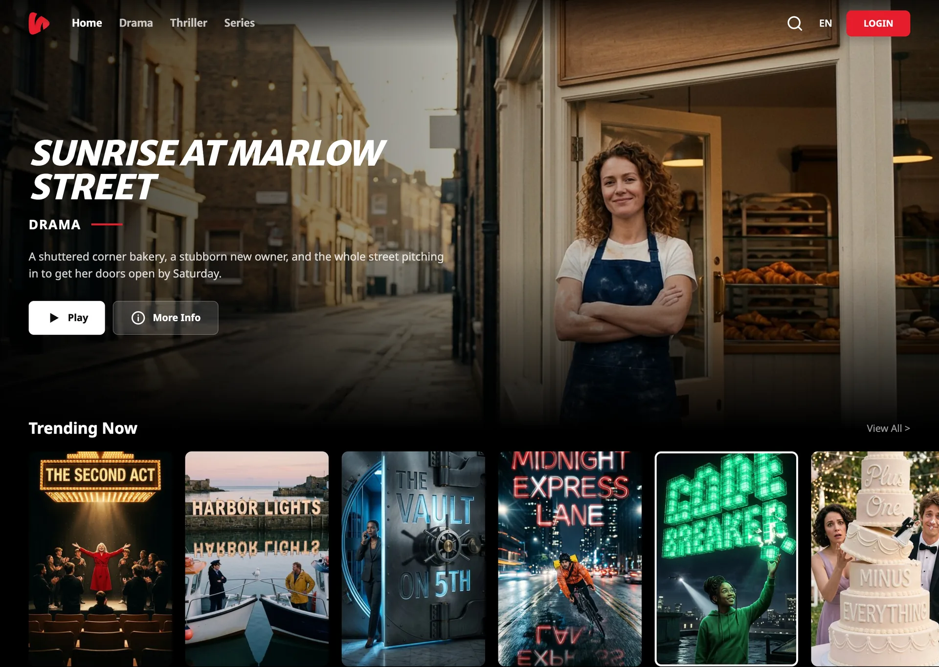 Streaming website home page with a featured drama and a Trending Now row