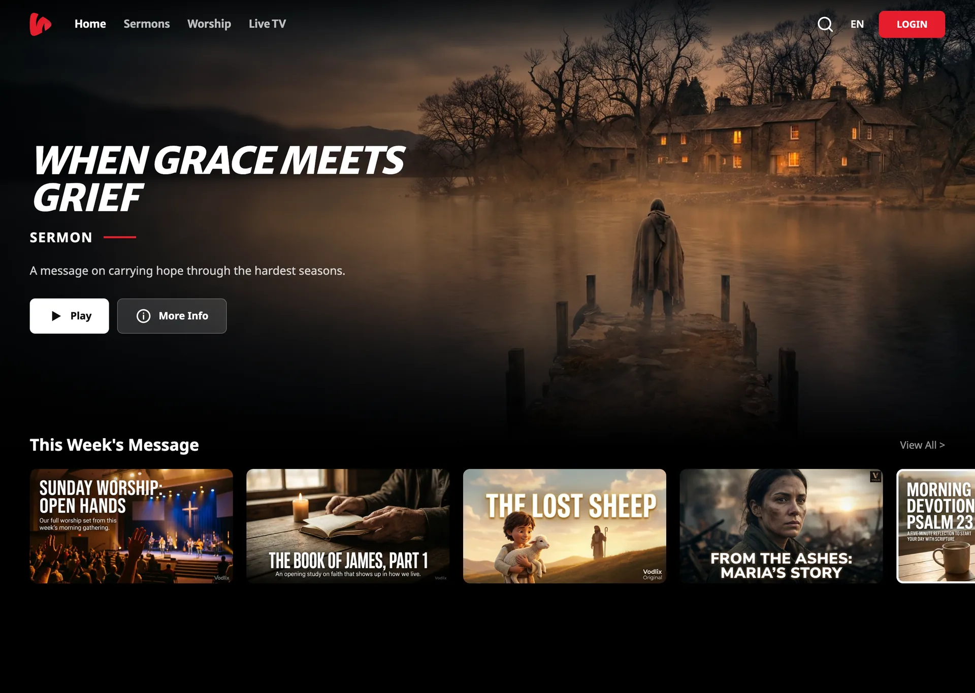 Church streaming website home page with a featured sermon and This Week's Message row