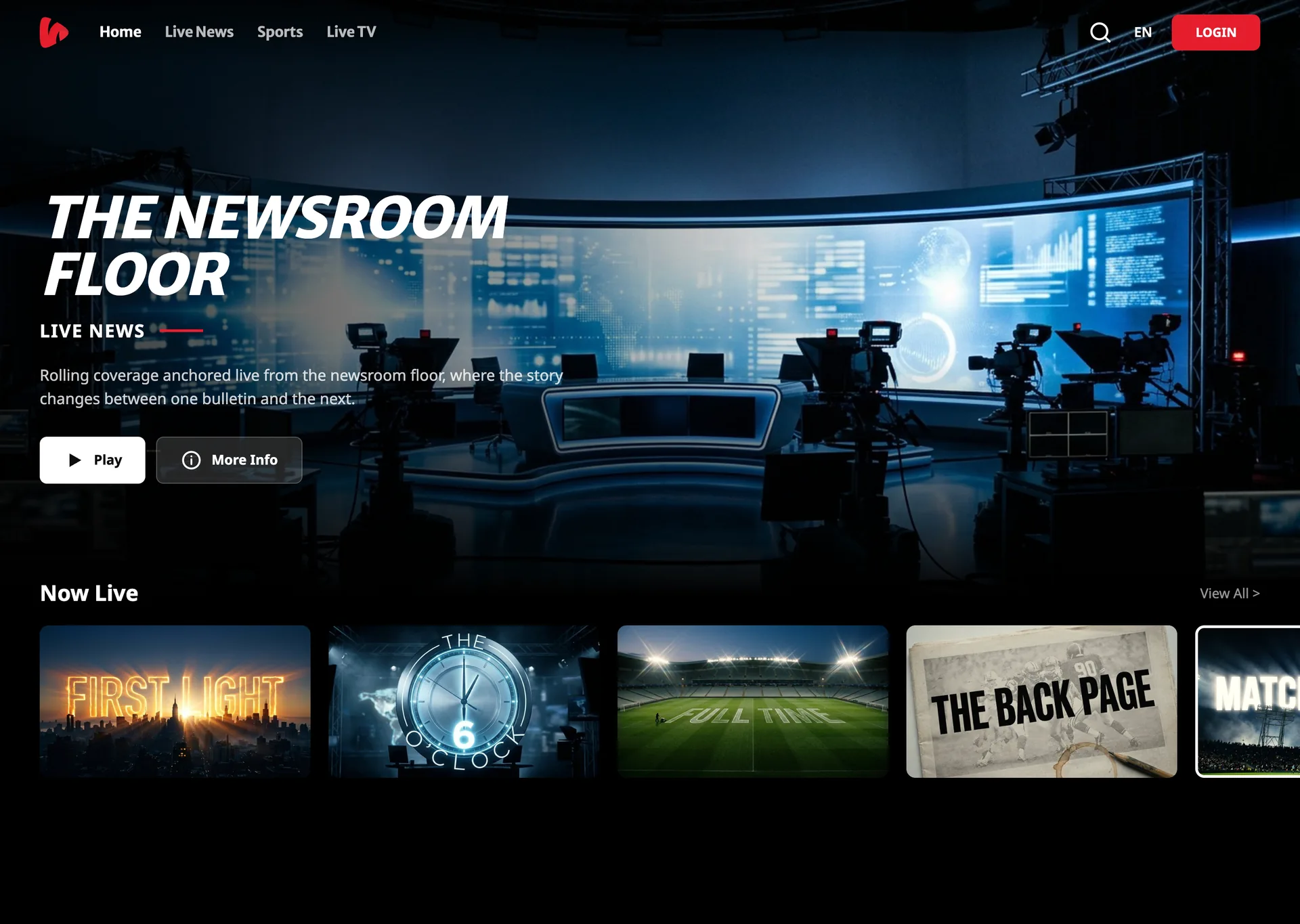 Streaming website live page with a featured newsroom channel and a Now Live row