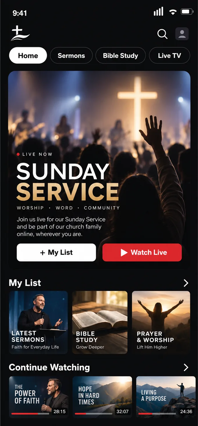 A church's branded Vodlix app on a phone, Sunday service live on the home screen
