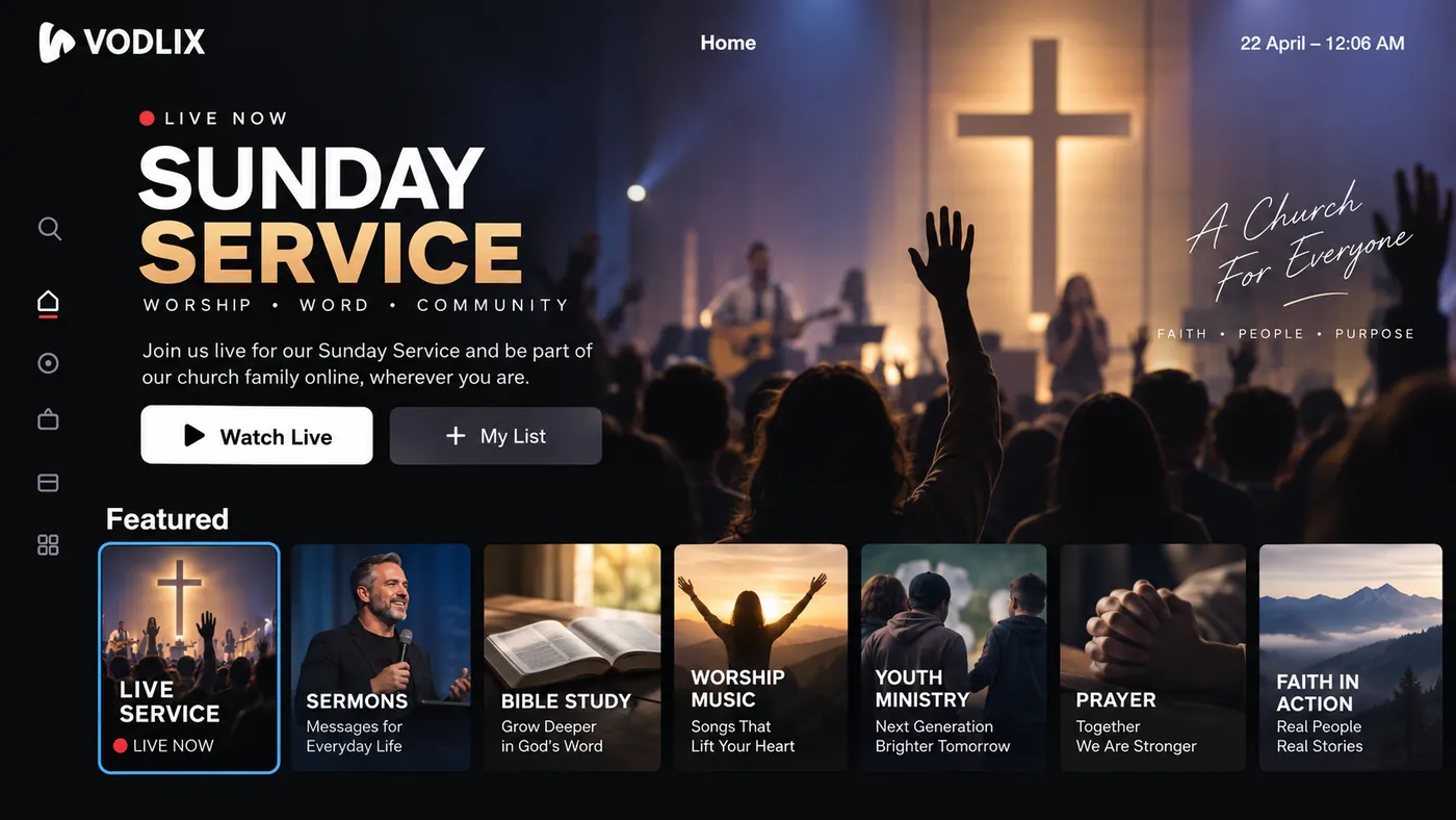 A church's branded Vodlix app on a TV, Sunday service on the home screen