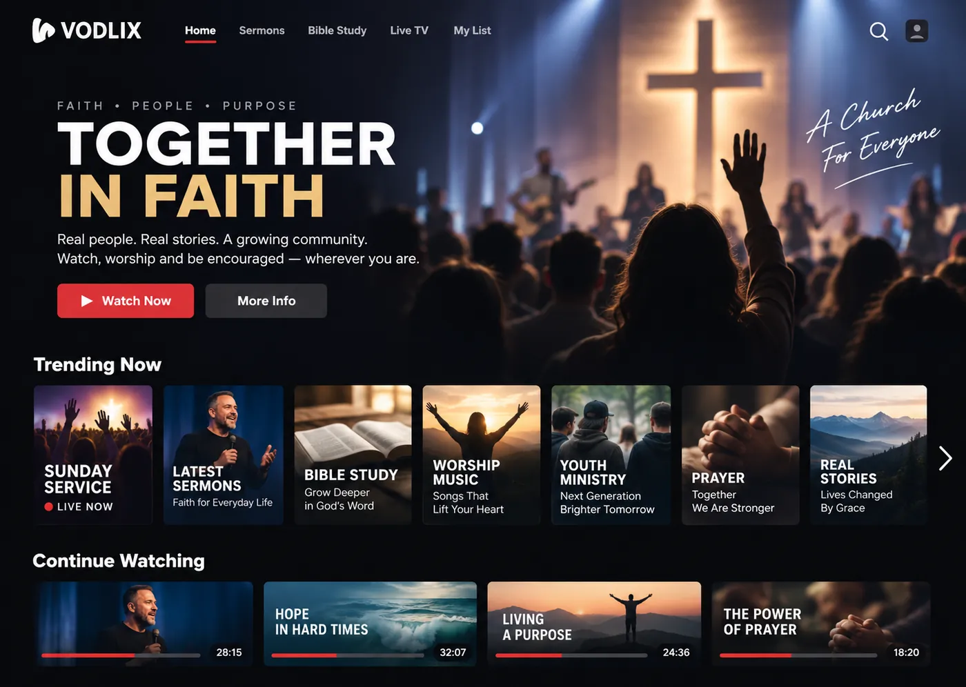 A church's website on Vodlix: a worship service with the congregation, sermon series and a live service on the home page